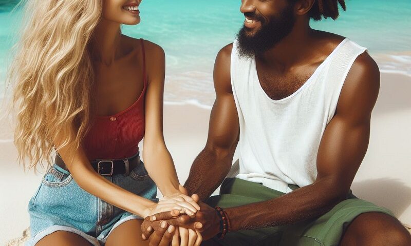 Une fille blonde et un black sur une plage