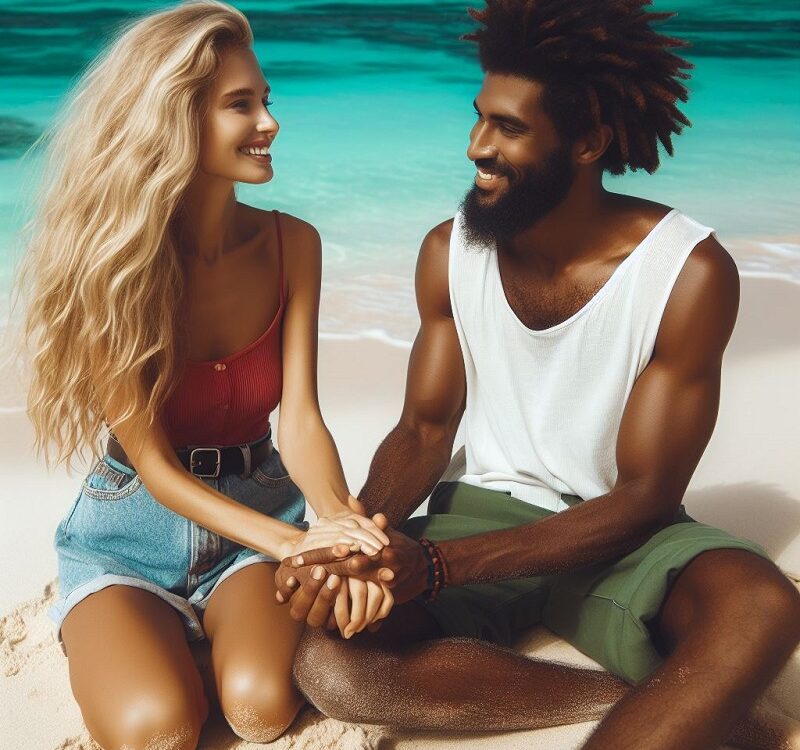 Une fille blonde et un black sur une plage