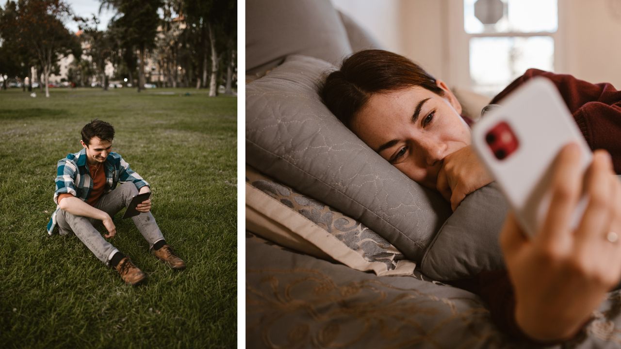 Un homme et une femme dans une relation à distance qui sont au telephone