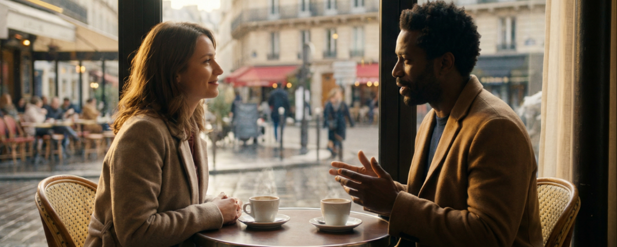Un homme noir et une femme blanche lors de leur première rencontre amoureuse dans un restaurant parisien