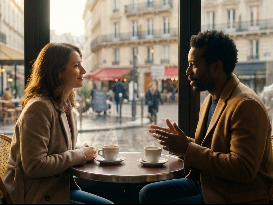 Un homme noir et une femme blanche lors de leur première rencontre amoureuse dans un restaurant parisien