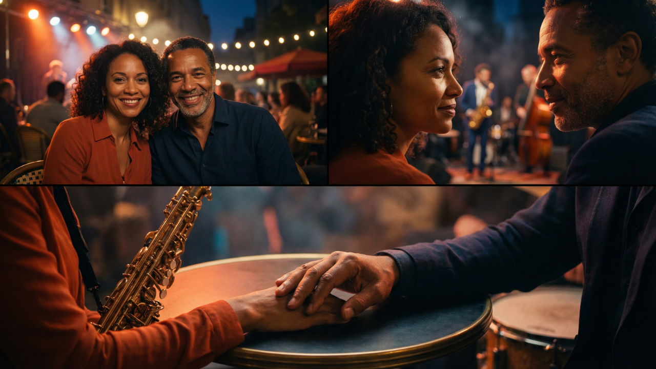 2 personnes métisses dans un concert de jazz en amoureux