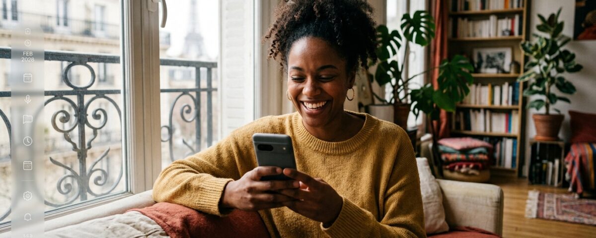 Jeune femme antillaise souriante regardant sa bio site de rencontre sur son smartphone.