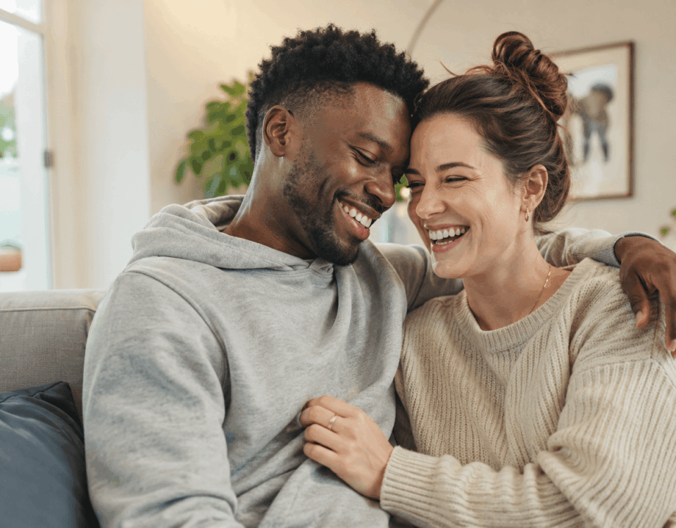 Couple mixte souriant qui partage un moment complice à la maison