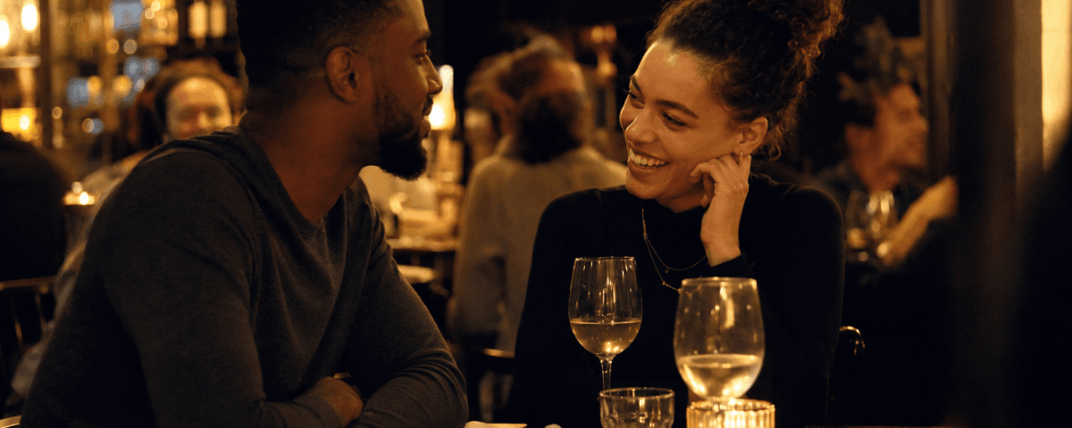 Couple souriant lors d'un premier rendez-vous dans un restaurant