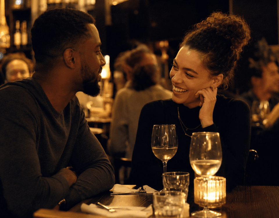 Couple souriant lors d'un premier rendez-vous dans un restaurant