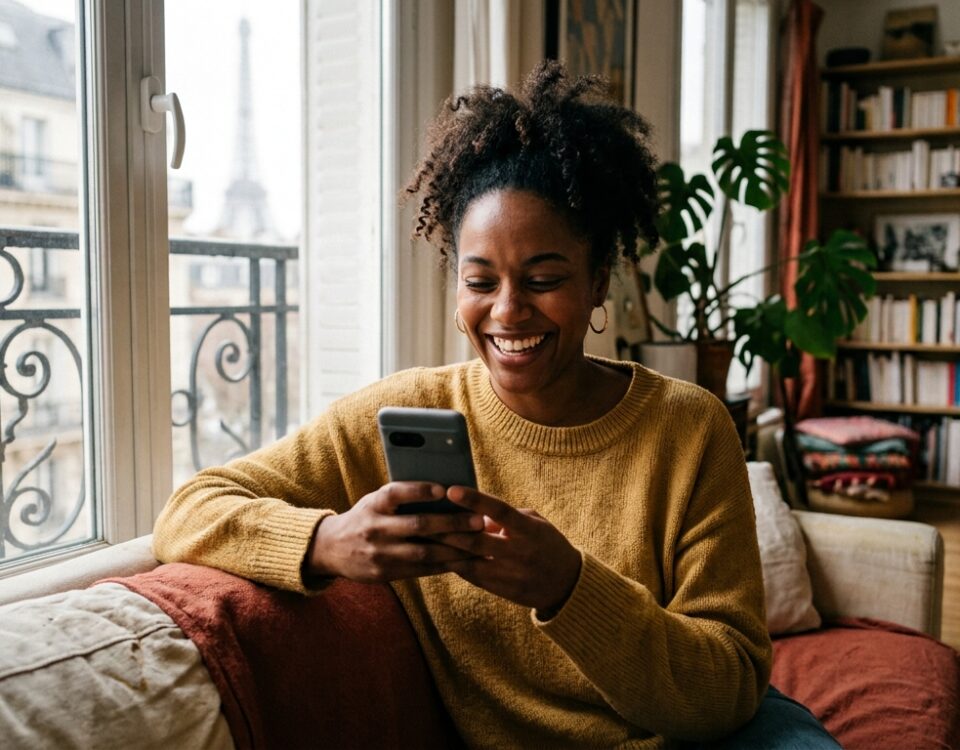 Jeune femme antillaise souriante regardant sa bio site de rencontre sur son smartphone.