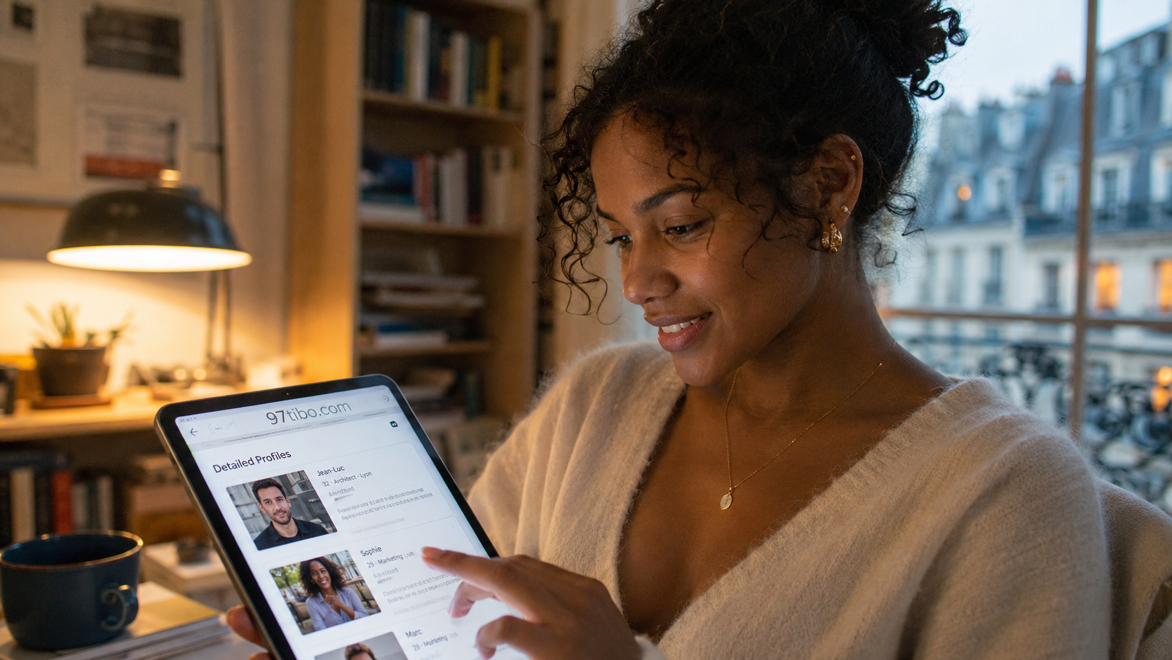Une femme metisse en train de consulter un site de rencontre sur sa tablette