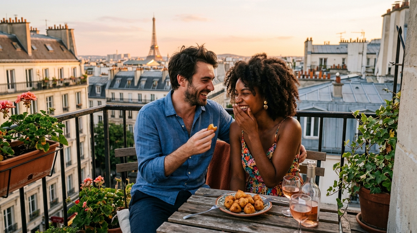 Couple mixte complice partageant des accras de morue après s'être rencontrés via leur bio site de rencontre.