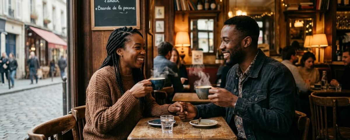 Couple discutant dans un café intimiste parisien lors d'un premier rendez-vous