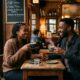 Couple discutant dans un café intimiste parisien lors d'un premier rendez-vous