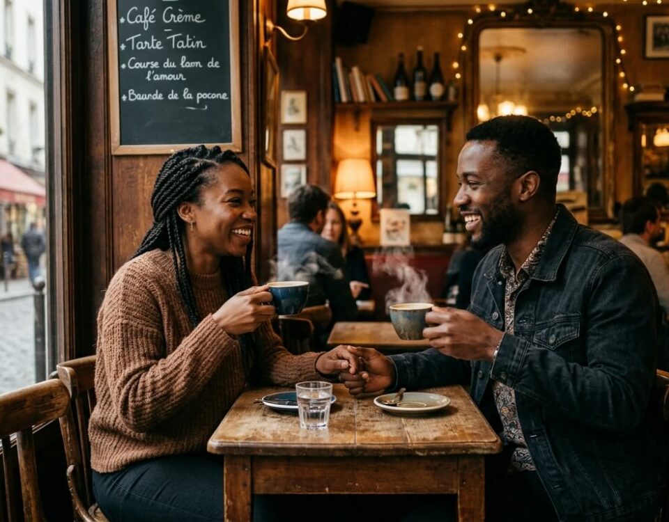 Couple discutant dans un café intimiste parisien lors d'un premier rendez-vous