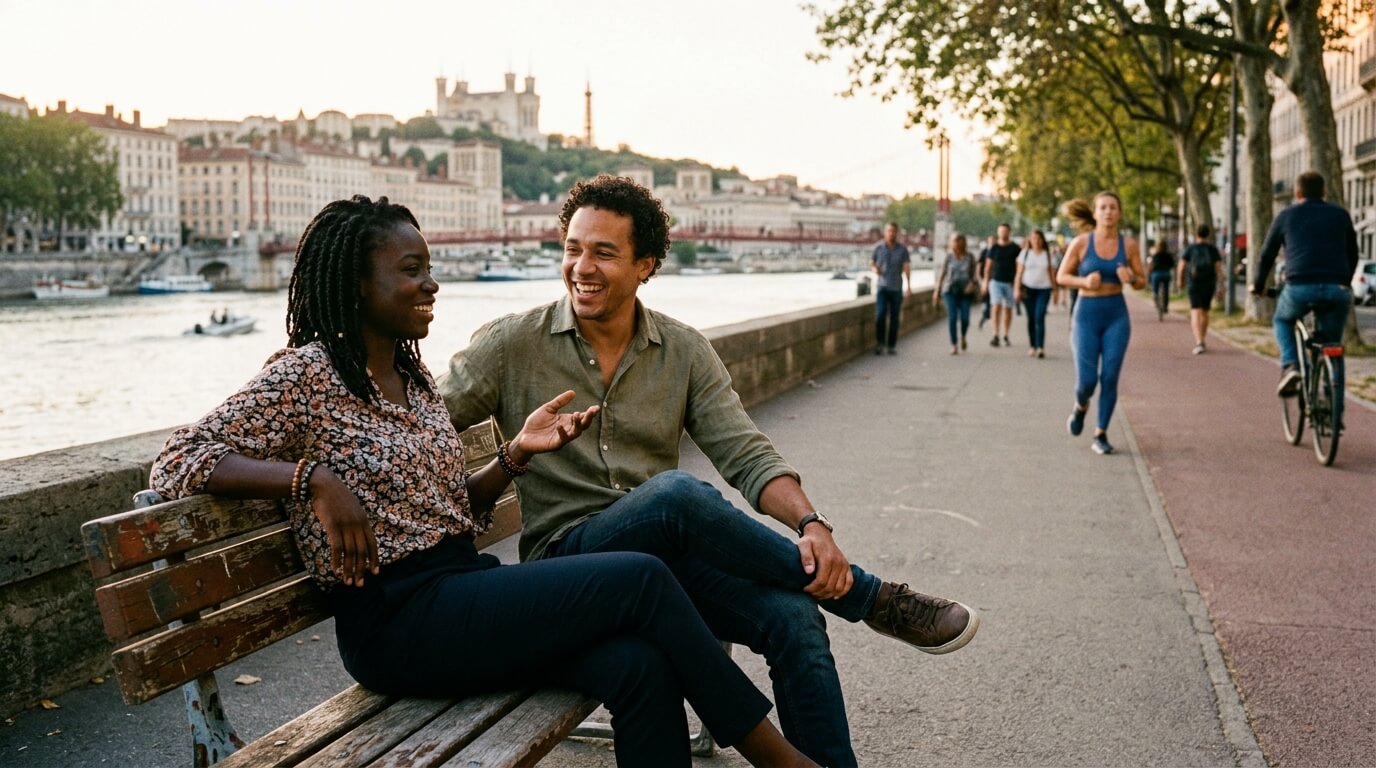 Couple antillais assis sur un banc au bord du Rhône lors d'une balade romantique à Lyon