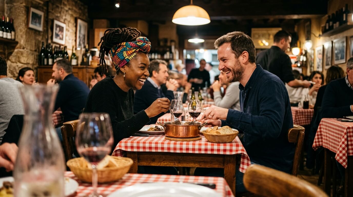 Couple interracial dînant dans un bouchon lyonnais typique pour un rendez-vous romantique