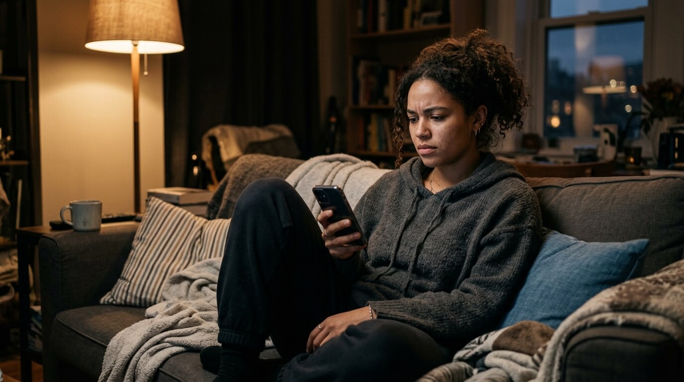 Femme lisant un message reçu sur une application de rencontre, signe de fétichisation raciale