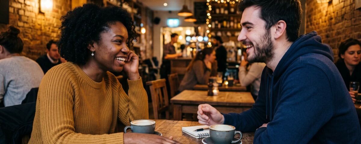 Couple mixte souriant lors d'un rendez-vous, loin des clichés de fétichisation raciale