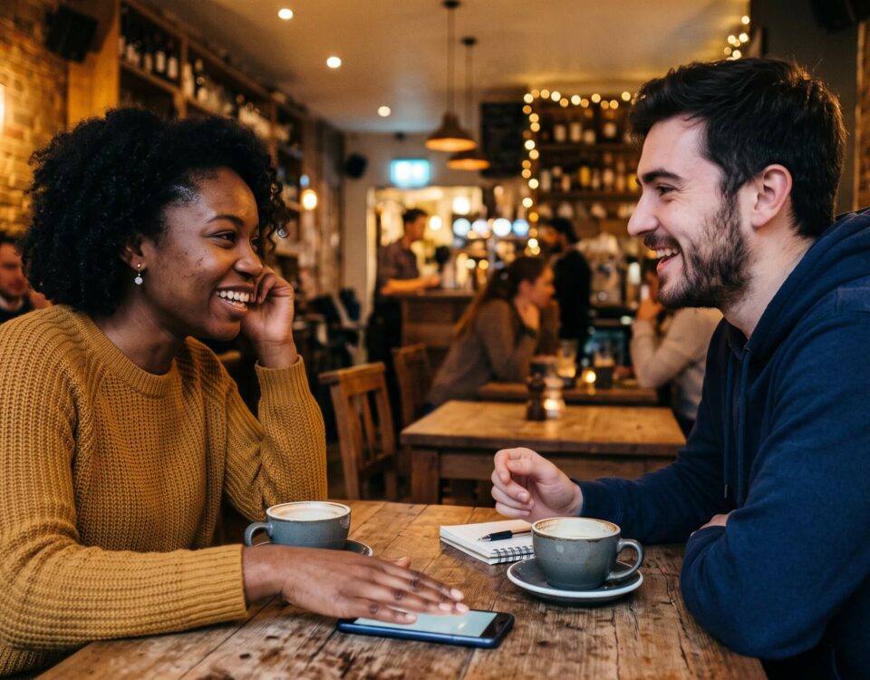 Couple mixte souriant lors d'un rendez-vous, loin des clichés de fétichisation raciale
