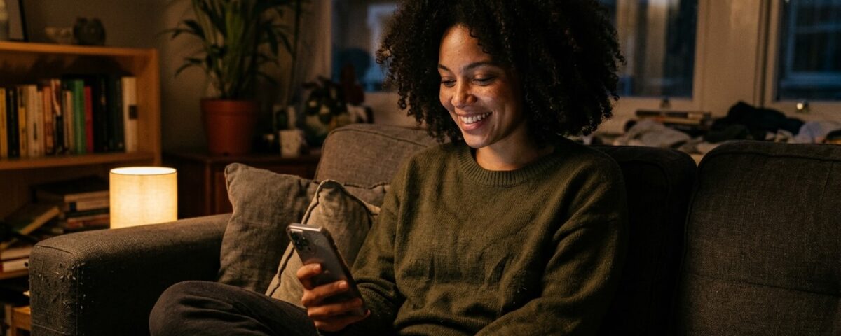 Femme métisse souriant en discutant sur une appli avant de savoir quand se voir après une rencontre en ligne