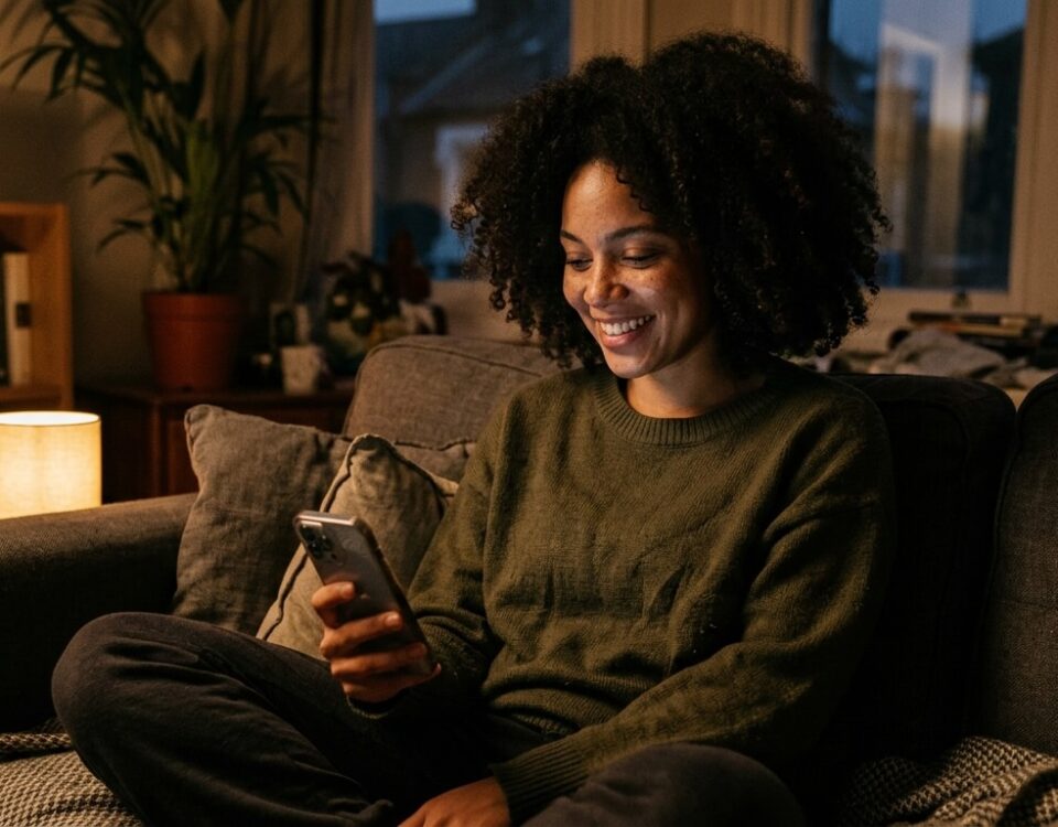 Femme métisse souriant en discutant sur une appli avant de savoir quand se voir après une rencontre en ligne