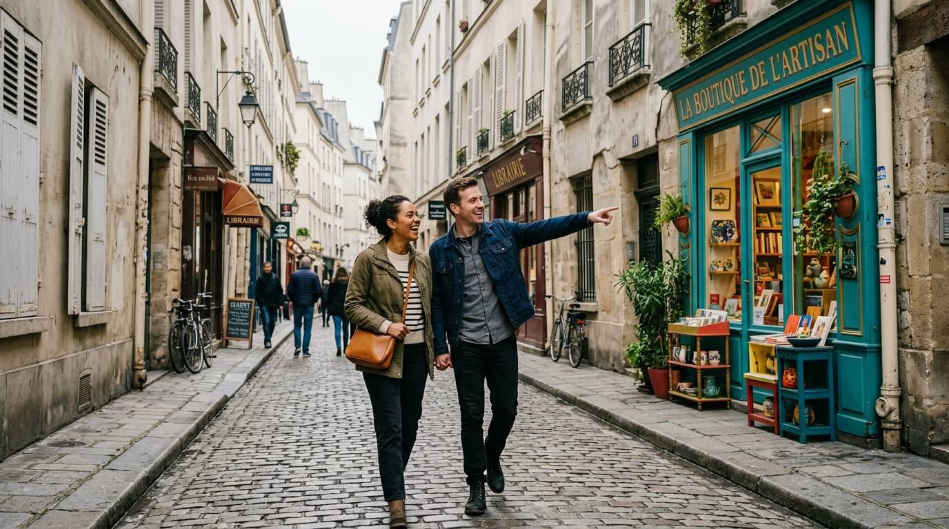 Couple explorant une rue parisienne lors d'un rencard original