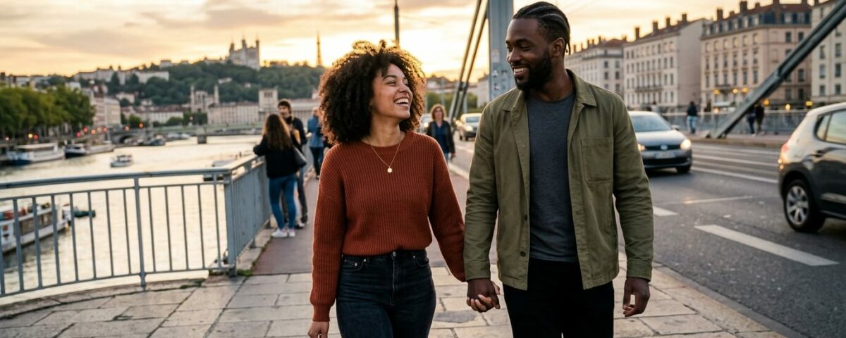 Couple métissé se promenant lors d'un rendez-vous romantique à Lyon au bord du Rhône