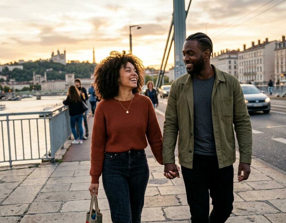 Couple métissé se promenant lors d'un rendez-vous romantique à Lyon au bord du Rhône