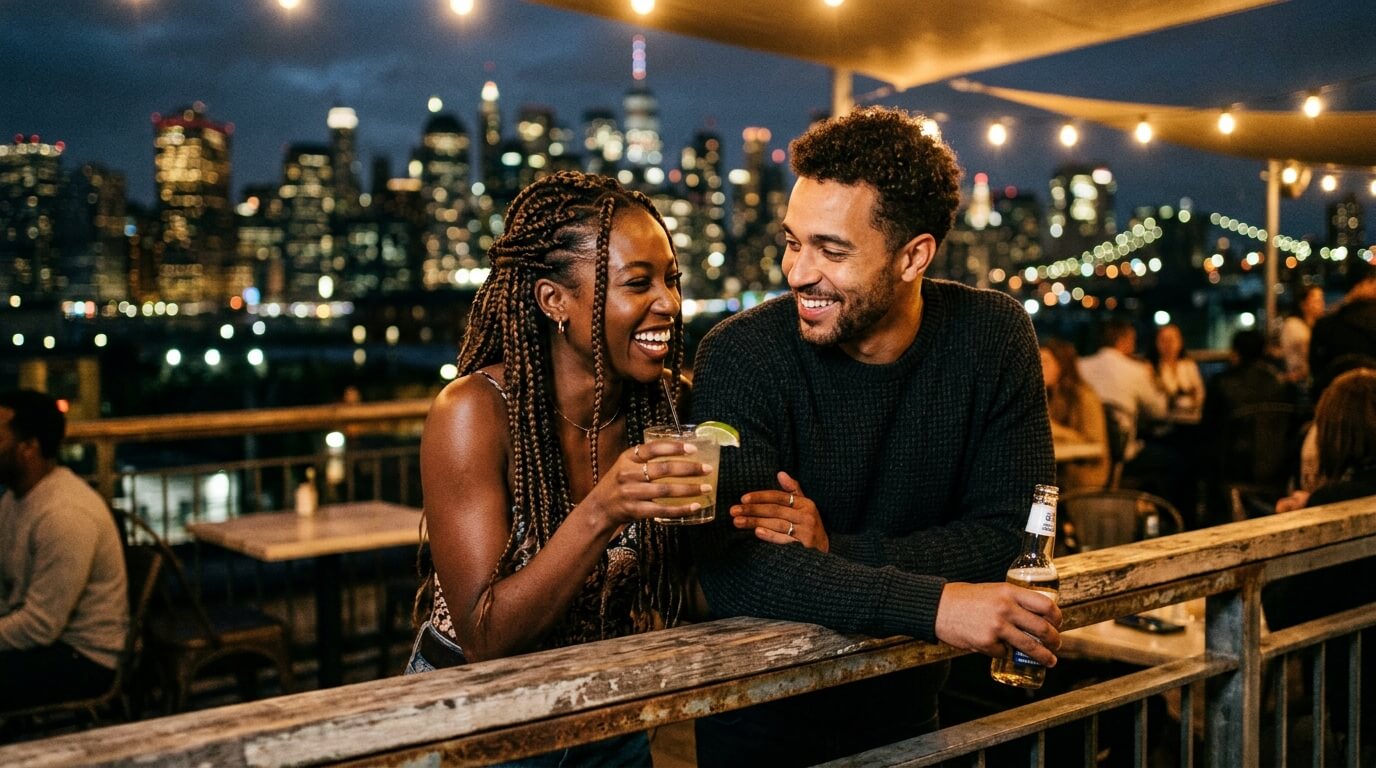 Couple noir sur un rooftop avec vue sur Lyon pendant un rendez-vous romantique