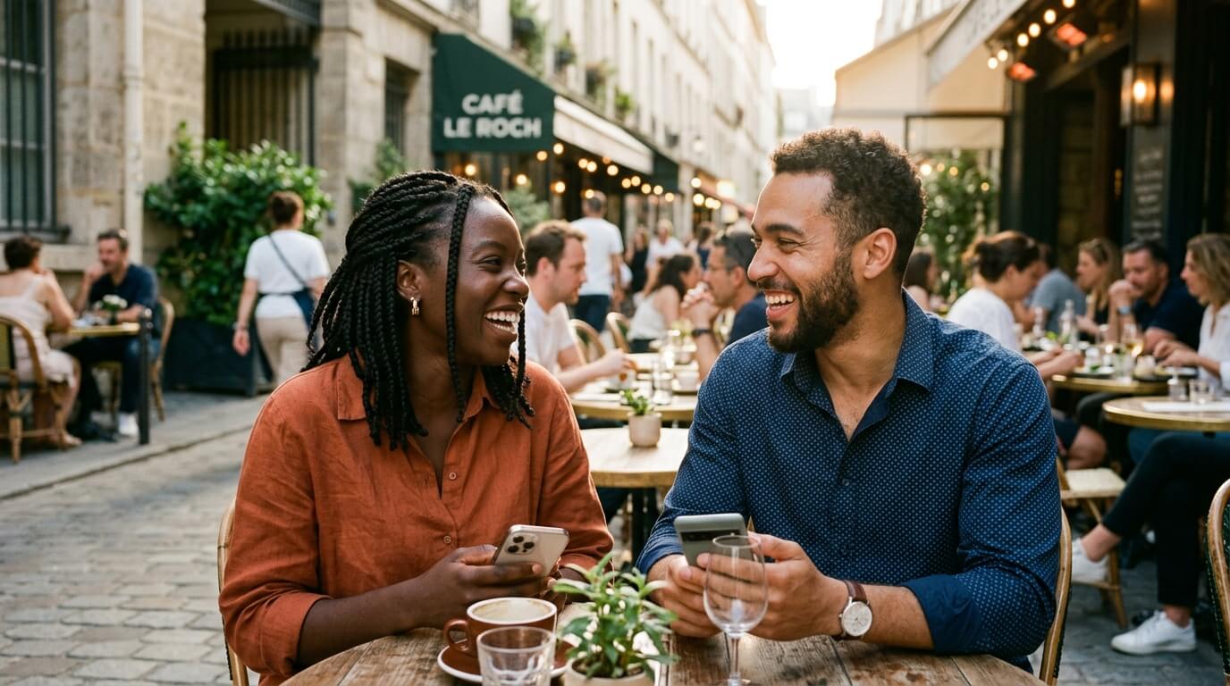 Couple interracial souriant lors d'un premier rendez-vous après une rencontre en ligne