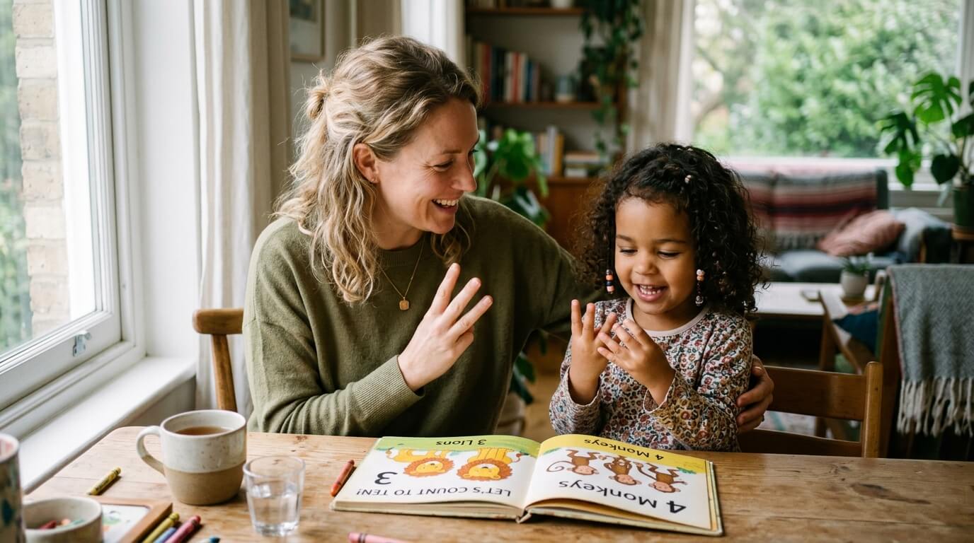 Mère apprenant une langue à son enfant, exemple de transmission double culture enfant