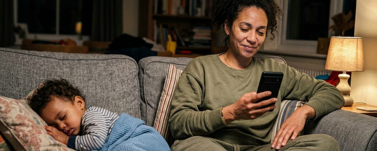Mère célibataire consultant une application de rencontre pendant que son enfant dort