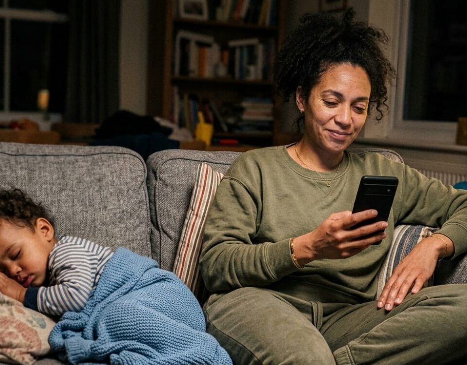 Mère célibataire consultant une application de rencontre pendant que son enfant dort