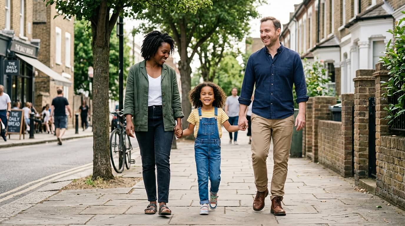 Enfant métis entouré de ses deux parents, fierté de la transmission double culture enfant