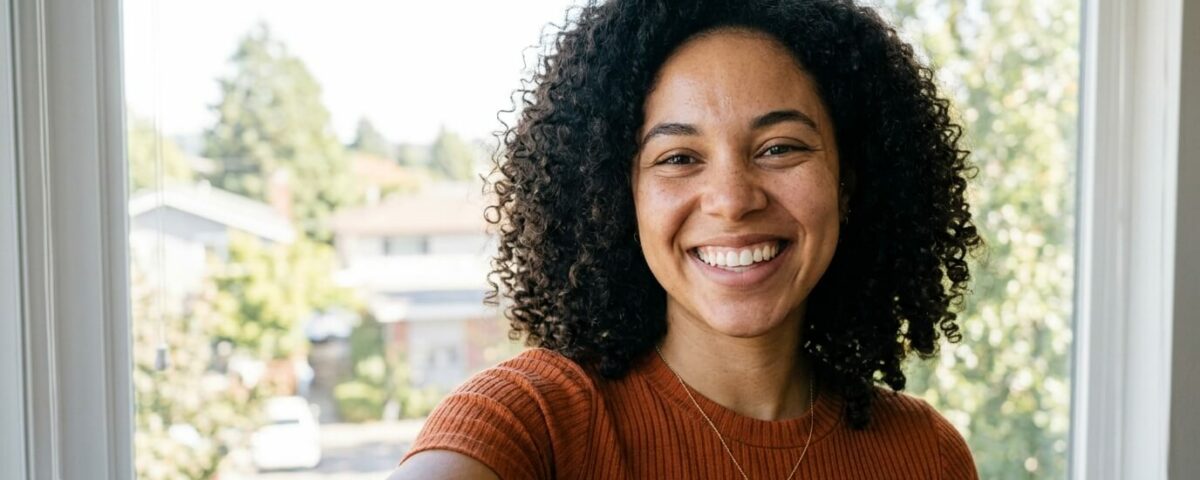 Femme métisse prenant une photo profil site de rencontre avec de la lumière naturelle