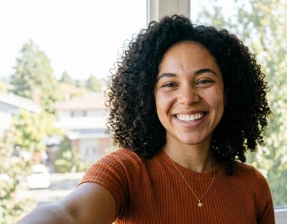 Femme métisse prenant une photo profil site de rencontre avec de la lumière naturelle