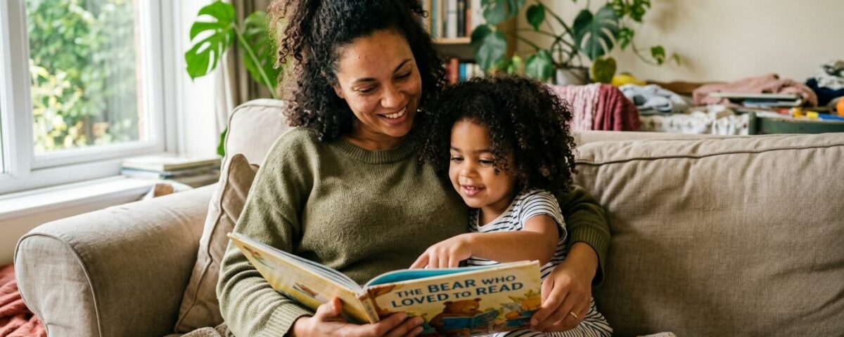 Mère métisse lisant avec son enfant, exemple de transmission double culture enfant