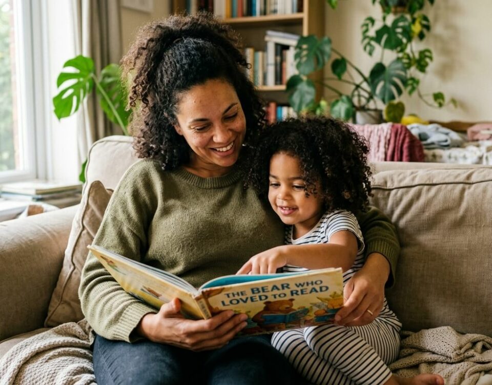 Mère métisse lisant avec son enfant, exemple de transmission double culture enfant