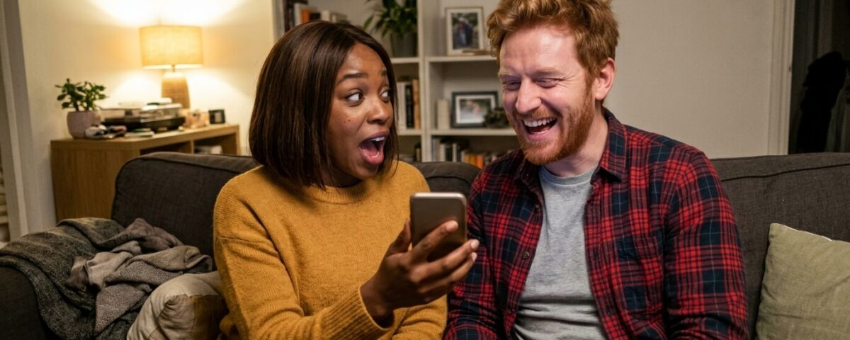 Couple riant ensemble sur un canapé, parler créole en couple avec complicité