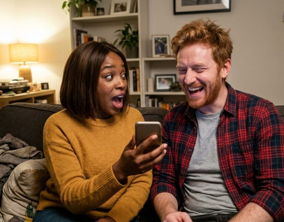 Couple riant ensemble sur un canapé, parler créole en couple avec complicité