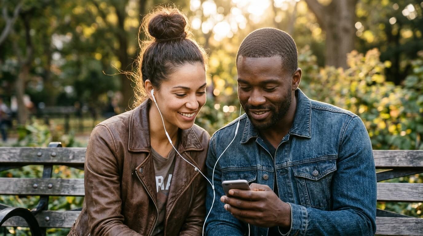 Couple partageant de la musique sur un banc, parler créole en couple à son rythme