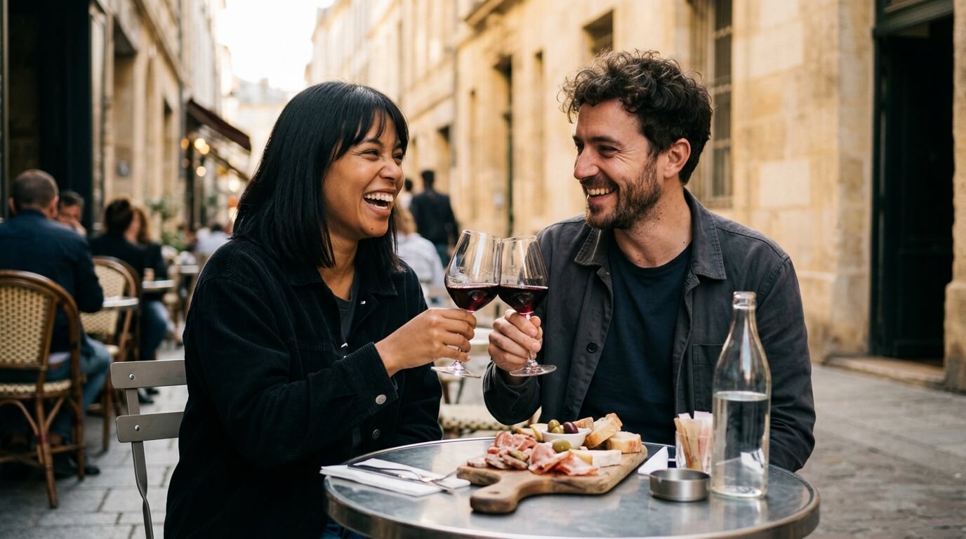 Couple interracial trinquant en terrasse à Bordeaux, rencontres mixtes en province