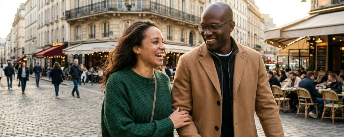 Couple métissé se promenant dans un centre-ville, illustration des rencontres mixtes en province