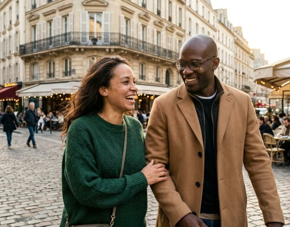 Couple métissé se promenant dans un centre-ville, illustration des rencontres mixtes en province