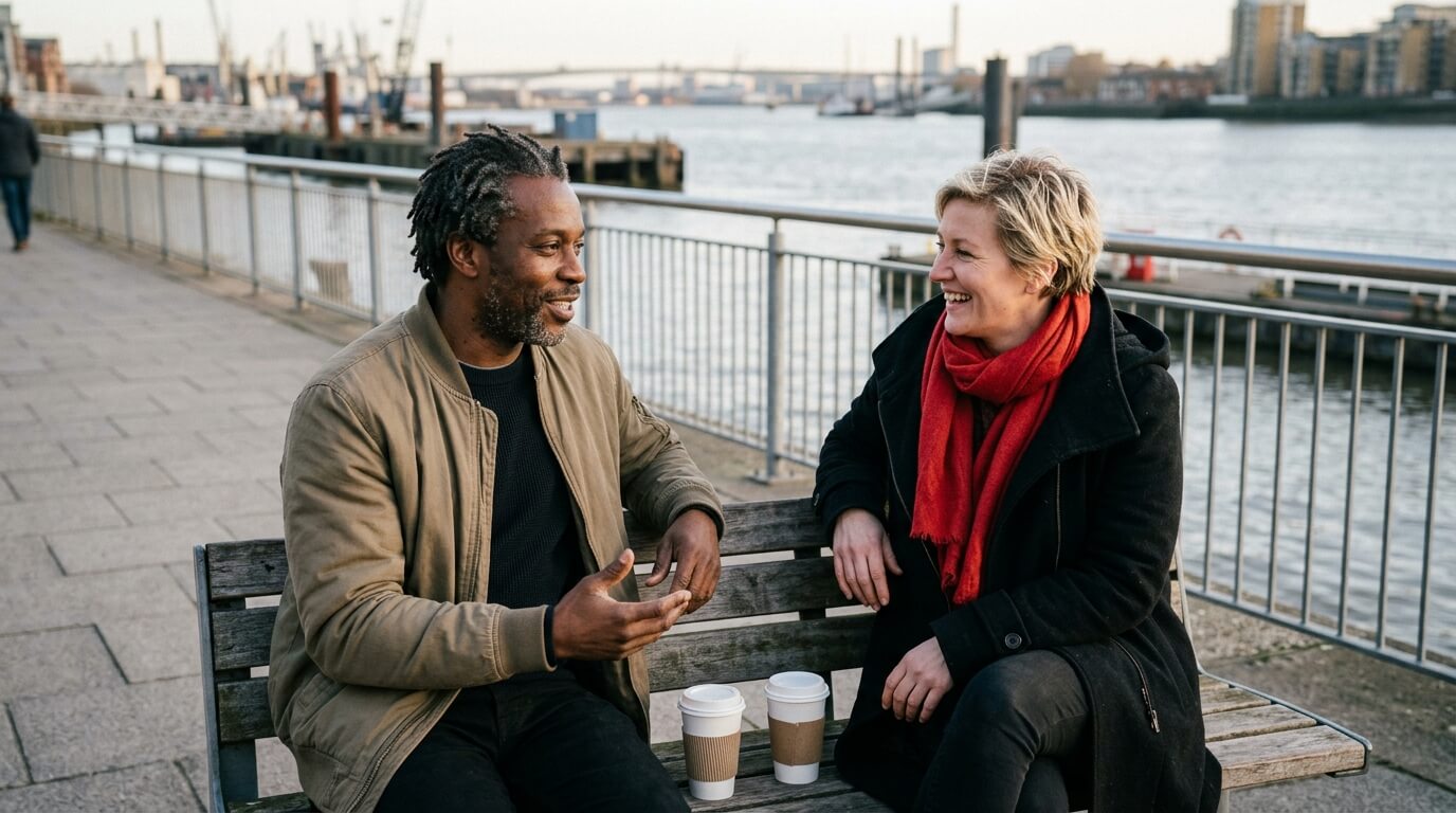 Couple discutant au bord d’un fleuve à Lyon, rencontres mixtes en province